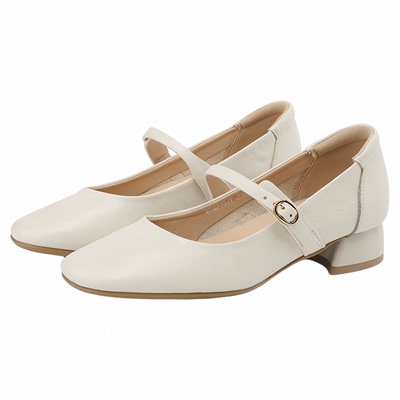 达芙妮真皮玛丽珍单鞋法式粗跟