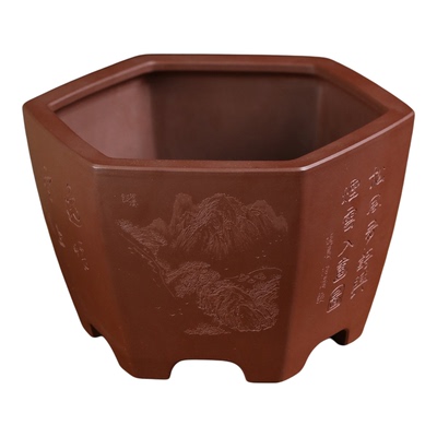 尚扣六方紫砂花盆名家手工老桩