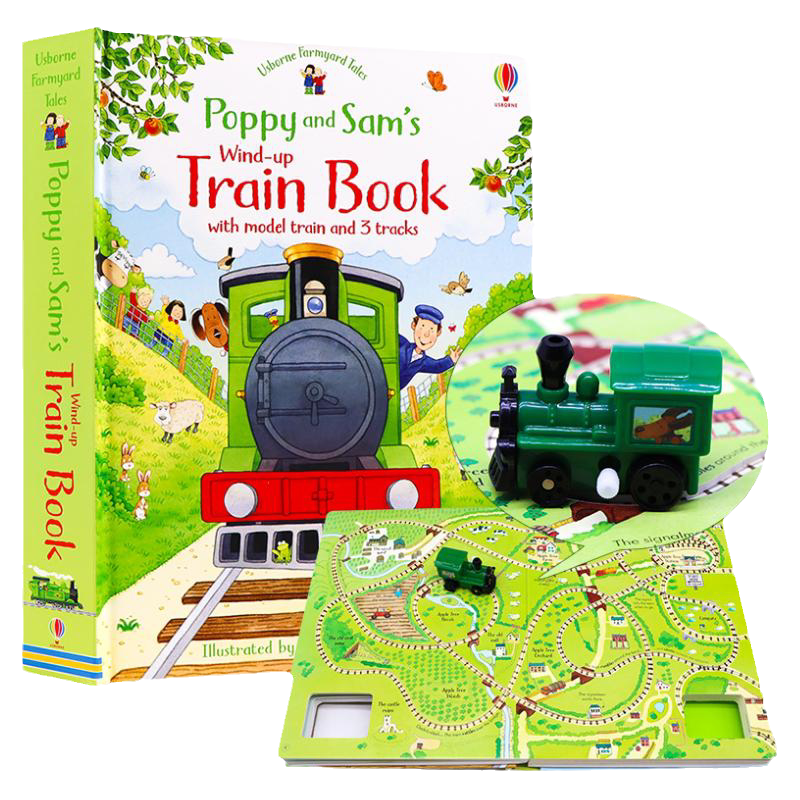 Usborne 蒸汽火车发条轨道书 英文原版绘本 Poppy and Sam's Wind-Up Train Book 农场故事波比和山姆玩具书大开本含蒸汽火车