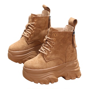 2025秋冬马丁靴女绒面超高跟内增高12CM小个子厚底坡跟大黄靴短靴