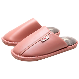 秋冬季莫兰迪色防水PU皮棉拖鞋女士情侣室内防滑软底保暖居家鞋男