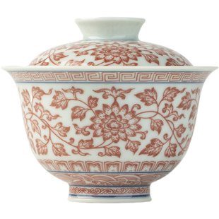 三勤堂矾红缠枝莲二才盖碗景德镇手绘陶瓷功夫茶具个人专用泡茶碗