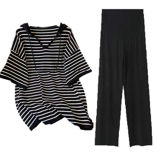 孕妇装韩版时尚夏连帽条纹短袖高腰可托腹冰丝透气裤外出通勤套装