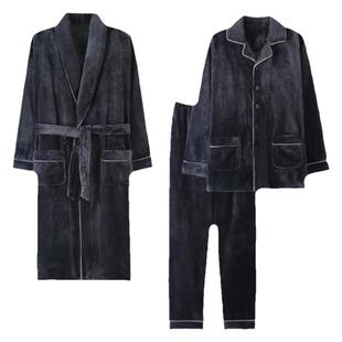 猫人男士睡衣冬季法兰绒睡袍秋冬珊瑚绒加厚加绒保暖三件套装