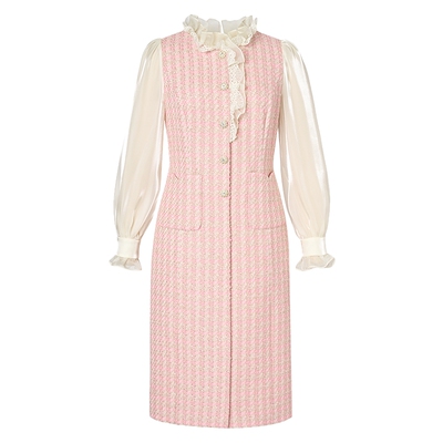 La Koradior拉珂蒂通勤优雅秋冬香风奢雅荷叶边衬衫假两件连衣裙