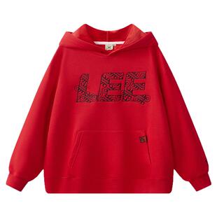 Lee kids儿童刺绣秋冬加绒卫衣男童女童百搭保暖圆领宽松红色上衣