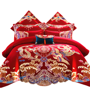 全棉新婚庆四件套大红色长绒棉中式龙凤刺绣结婚纯棉陪嫁床上用品