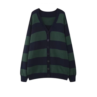 BM开衫毛衣外套女宽松针织新款2026外搭绿色条纹高级感开衫外套