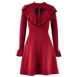 秋水伊人温柔气质收腰连衣裙2026年春季新款时尚撞色荷叶边A字裙