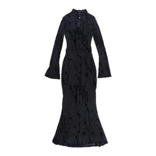 instahot 复古新中式植绒网纱黑色连衣裙女2025秋季新款改良旗袍