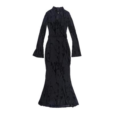 复古新中式植绒网纱黑色连衣裙女