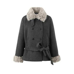 7Shiftin 原创设计韩系穿搭灰色毛呢外套冬季系带收腰毛毛领大衣
