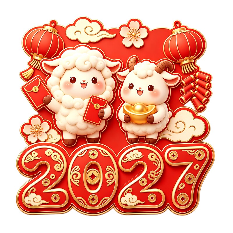 双羊新春墙贴贴纸可爱小羊拿红包金元宝灯笼祥云春节喜庆装饰贴画