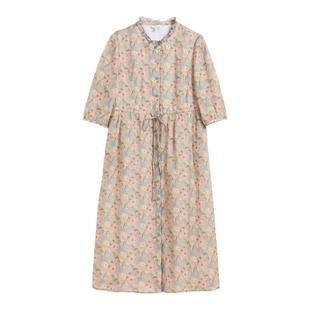 蒲PUKKA 文艺女装夏季新品苎麻印花清新自然连衣裙