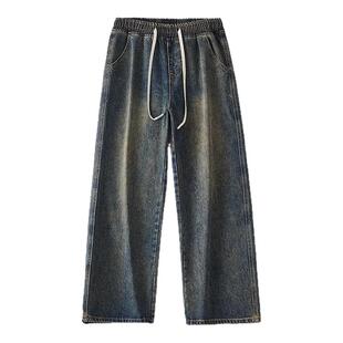 水洗牛仔裤男款冬季痞帅宽松阔腿直筒裤子加绒加厚美式潮牌工装裤