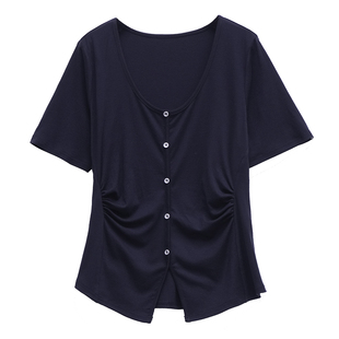 胖mm夏季气质针织短袖T恤木子理想大码U领收腰显瘦质感女T恤200斤