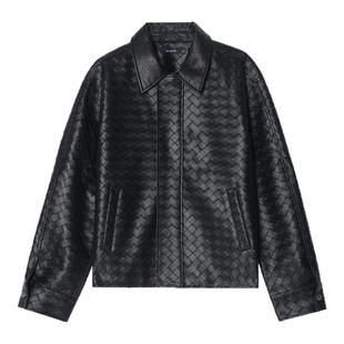 【编织纹理】Unvesno(UN)意大利高级感保暖皮革短阔夹克编织外套