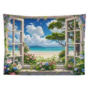 北欧ins海边窗户挂布背景布房间床头布置画布直播客厅装饰布挂毯