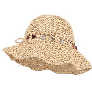 民族风贝壳装饰草编渔夫帽女春季海边度假透气镂空草帽防晒太阳帽