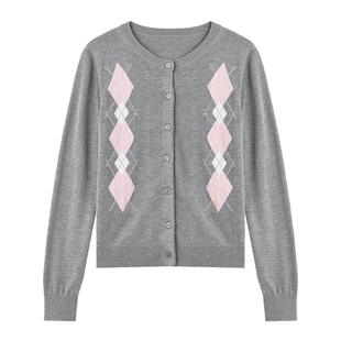 秋水伊人时尚菱格针织开衫女2026年春季新款复古百搭针织薄款上衣