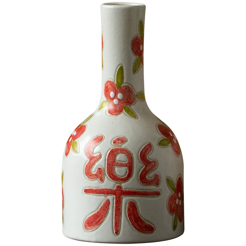 福喜乐复古小号花瓶手绘陶瓷花插粗陶插花瓶新婚婚房结婚摆件中式