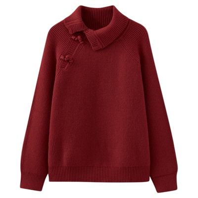 水云间波尔多红毛衣国风新中式盘扣高领羊毛针织衫上衣2025冬新款