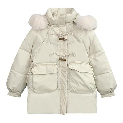 休闲宽松牛角扣毛领连帽棉服女