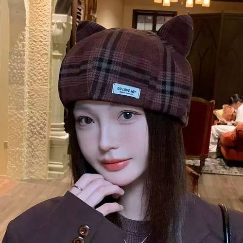 经典格子贝雷帽英伦百搭文艺画家帽秋冬毛呢保暖可爱猫耳朵八角帽