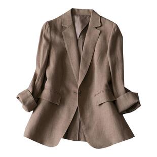 经典大气驼色亚麻西装春夏新品薄款七分袖修身显瘦百搭上衣外套女