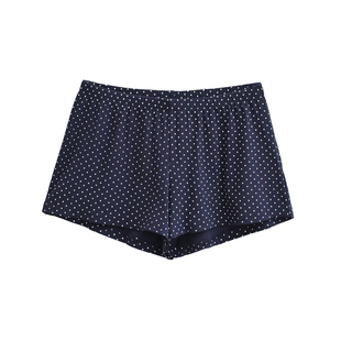 美式显瘦藏蓝色波点低腰短裤女夏季新款百搭松紧腰休闲居家裤热裤