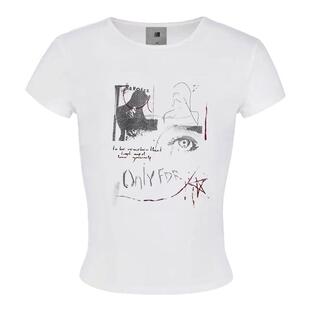 FDR官方店 抽象印花正肩辣妹短袖t恤女夏季修身显瘦上衣