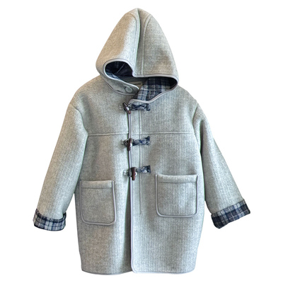 原创男童格子拼接加绒毛呢大衣