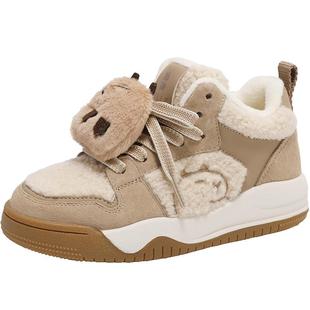 百丽卡皮熊童鞋卡通可爱板鞋新款休闲鞋保暖加绒儿童鞋22175D84