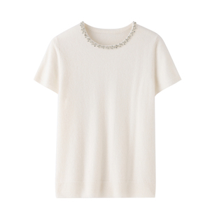 镶钻小香风圆领山羊绒衫女短袖内搭宽松套头显瘦羊绒衫女秋冬新款