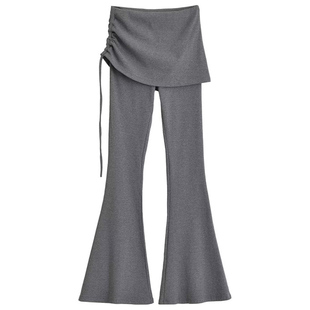 【包邮】抽绳褶皱设计感高腰休闲裤女小众设计感灰色微喇长裤子潮