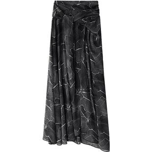 COCOBELLA度假风大理石纹印花飘带半身裙女优雅飘逸长裙HS3109