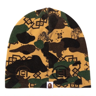 BAPE X CLOT联名配饰猿人刺绣标迷彩丝绸纹理图案针织冷帽905811P
