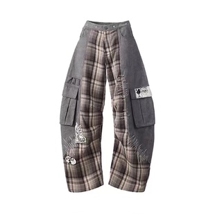 重磅设计感可拆卸腰封贴布乱针刺绣拼接格纹工装裤女弯刀阔腿长裤