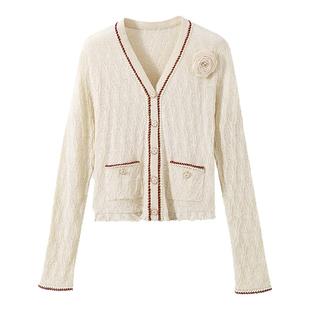 现货 左岸巴黎 可拆卸山茶花胸针 小香风撞色V领长袖镂空针织开衫