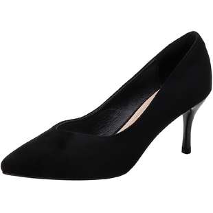 真皮绒面黑色高跟鞋女细跟单鞋小跟3公分尖头舒适5cm面试工作鞋