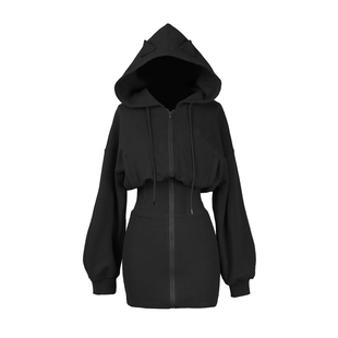 万圣节黑色卫衣裙女秋冬小恶魔长袖小黑裙辣妹连帽收腰包臀卫衣裙