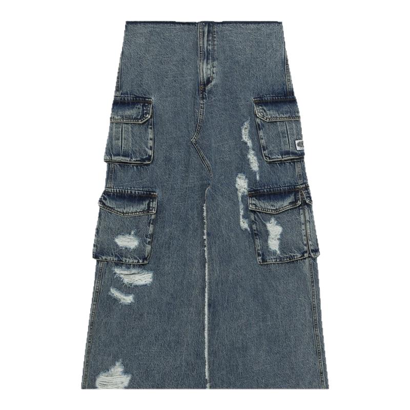 IT GROUNDZERO女装牛仔半身裙新款街潮工装风磨损开叉长裙007080