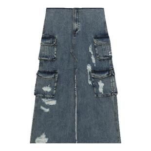 IT GROUNDZERO女装牛仔半身裙新款街潮工装风磨损开叉长裙007080