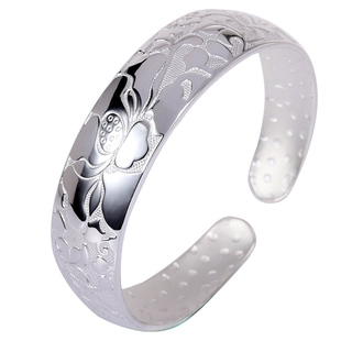 9999纯银手镯女宽面足银莲花心经大悲咒实心开口银镯子送妈妈礼物