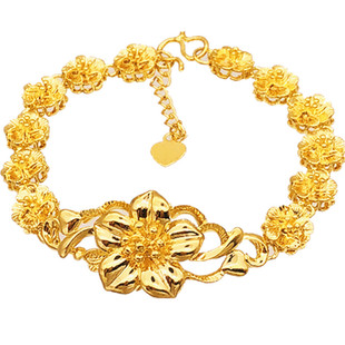 百搭同款花朵沙金手链女欧币镀金假黄金玫瑰花桃花结婚半镯首饰品