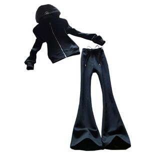 休闲时尚运动套装女春季洋气显瘦黑色连帽卫衣直筒喇叭裤两件套潮