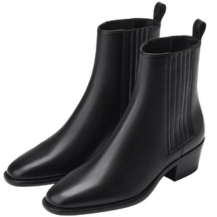 73hours女鞋复古手册2025冬季新款气质尖头切尔西靴复古粗跟短靴