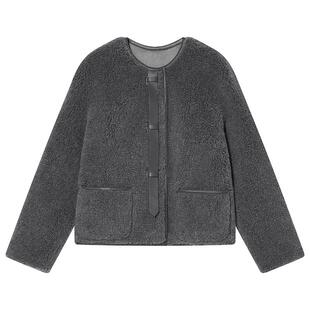 Goodland美地女装冬季时尚法式优雅羊毛仿皮草格雷系短外套