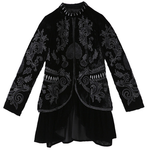 新中式羽绒服女秋冬安娜滕短款丝绒刺绣修身拼接荷叶边白鸭绒外套