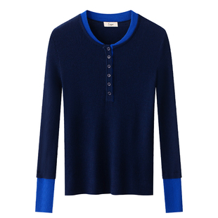 Lagur文艺腔调（羊绒＆羊毛）撞色针织衫毛衣亨利长袖打底女秋冬